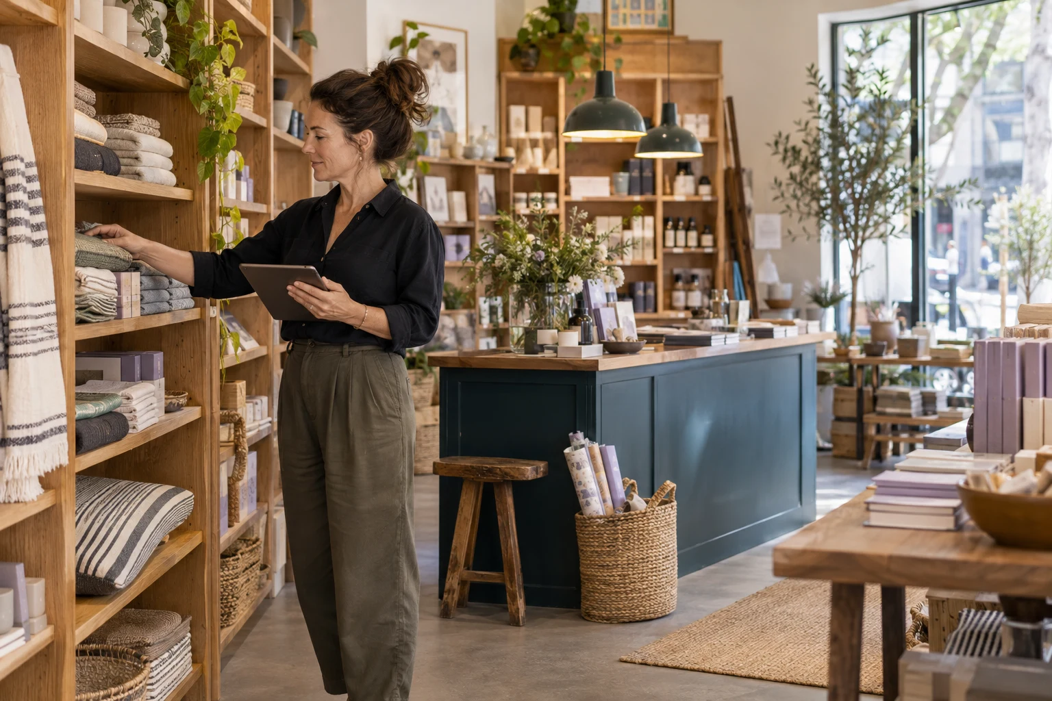 Independent retail business owner reviewing products in a store