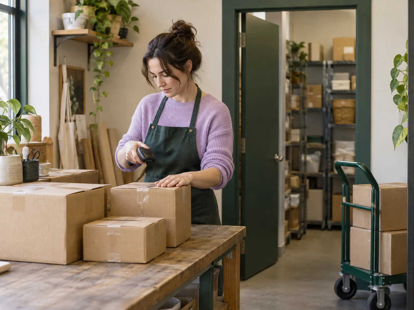 Retail staff checking boxes in a branch goods receiving area