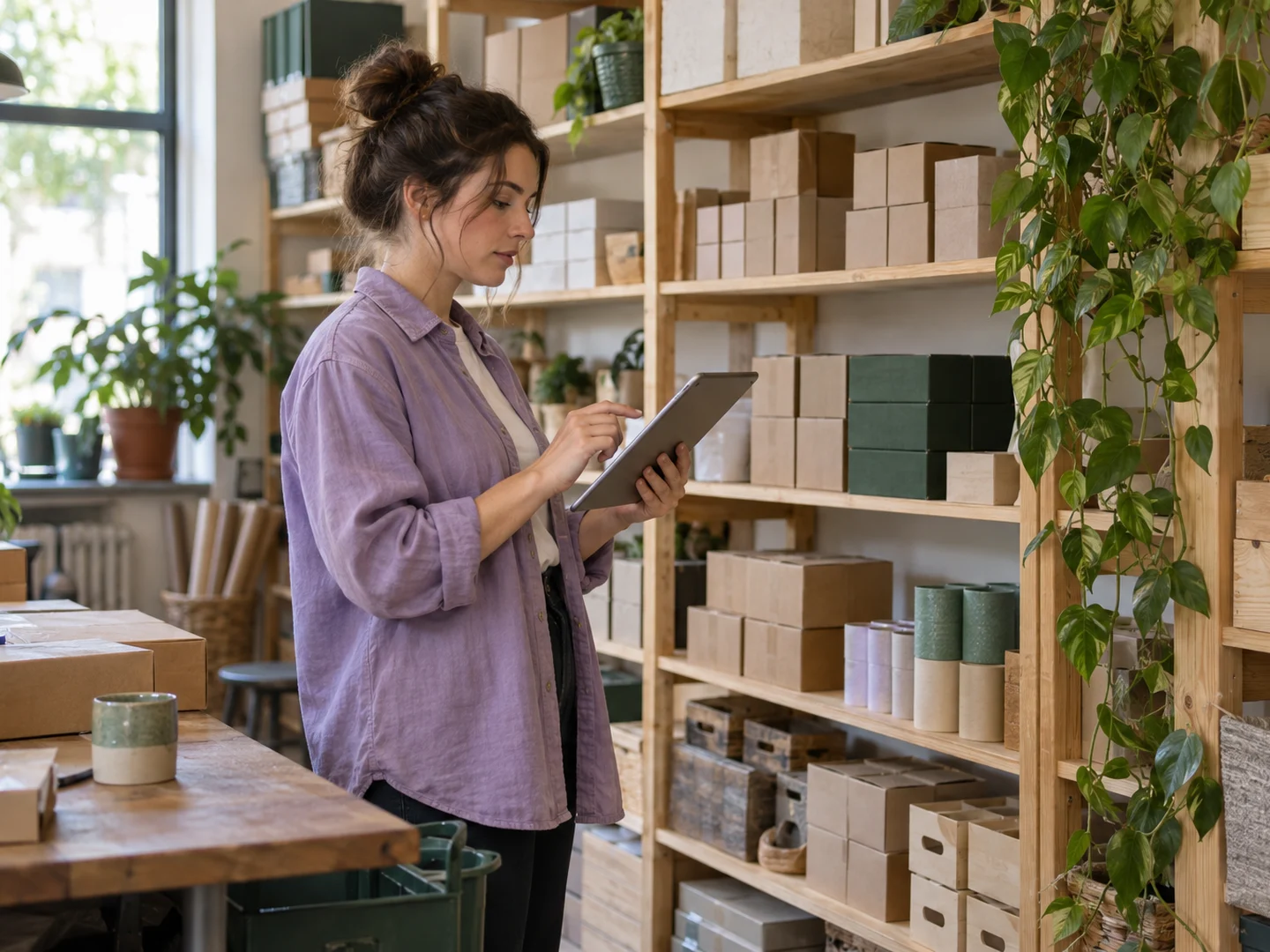 Store manager reviewing boxed product stock in a modern stockroom