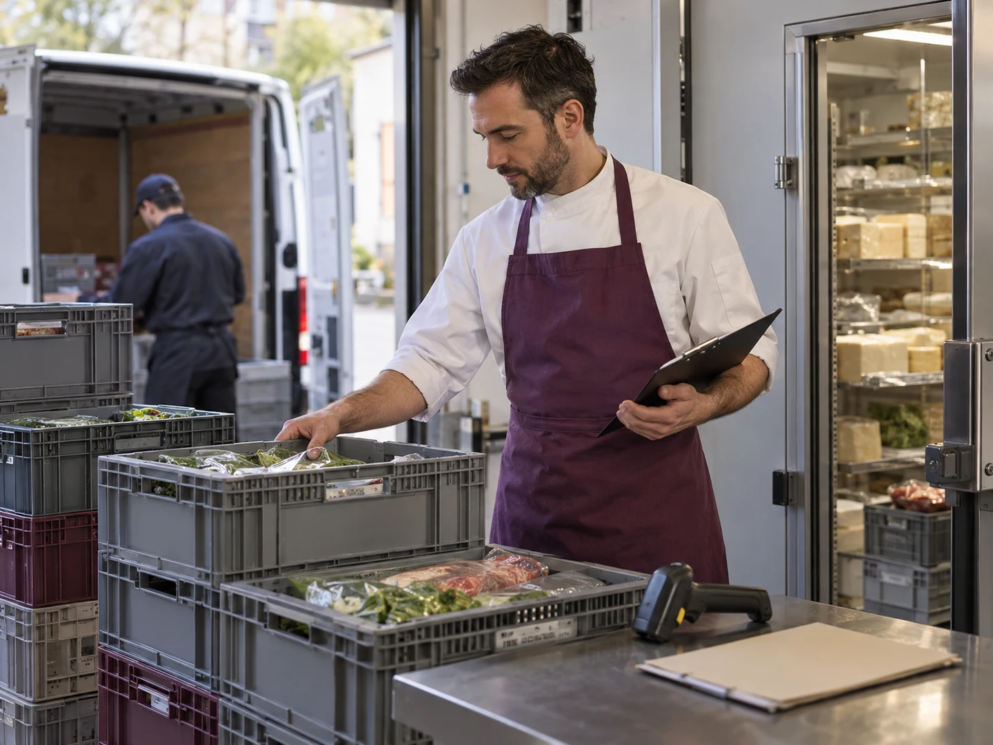 Deli supplier delivery being checked at the receiving station