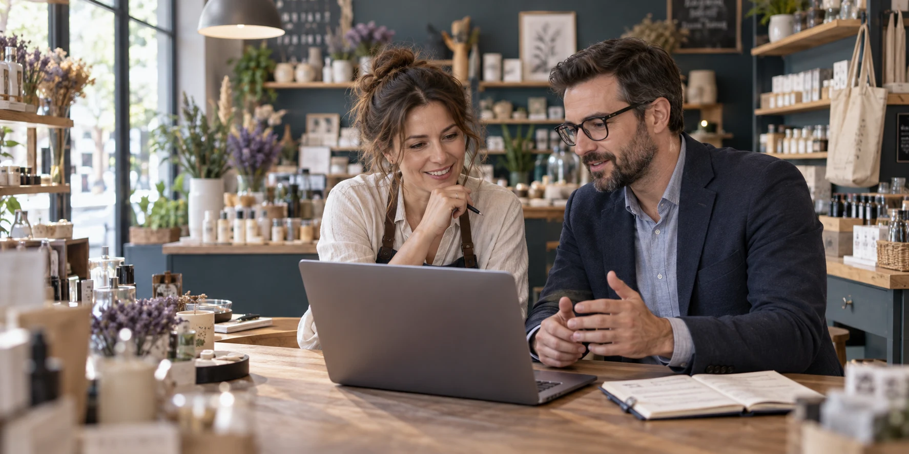 Illustrative business conversation around a laptop