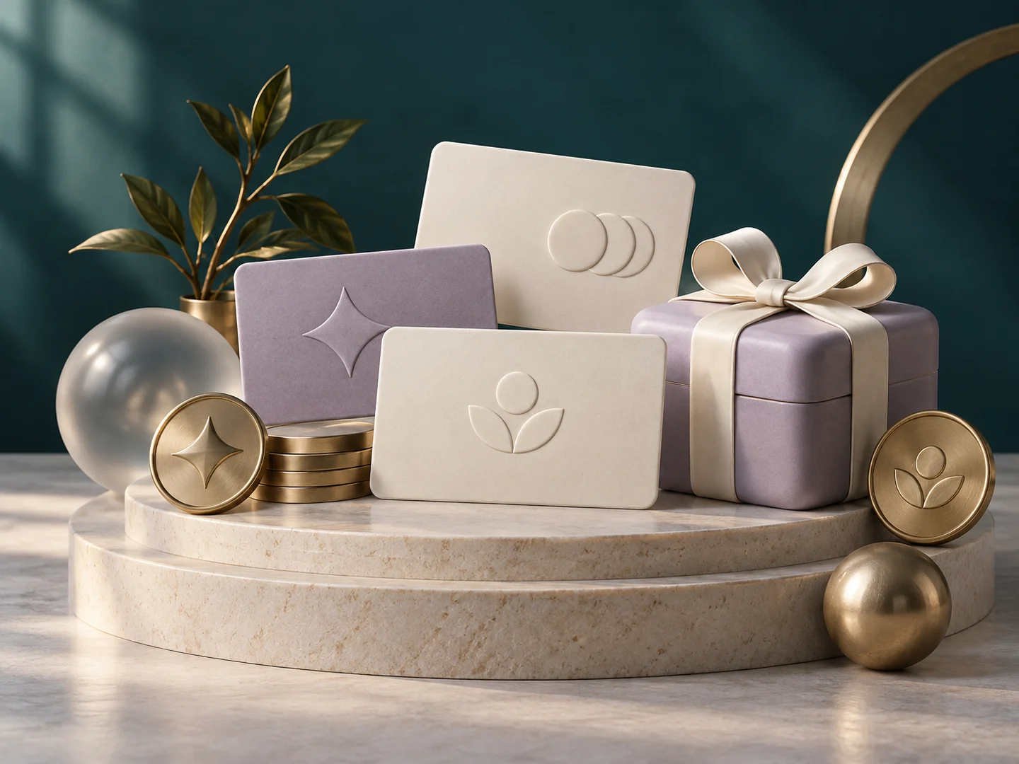 3D membership cards and reward tokens on a refined stone podium