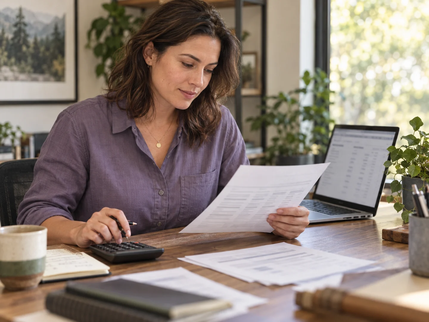 Finance specialist reviewing a bank transaction summary with a laptop