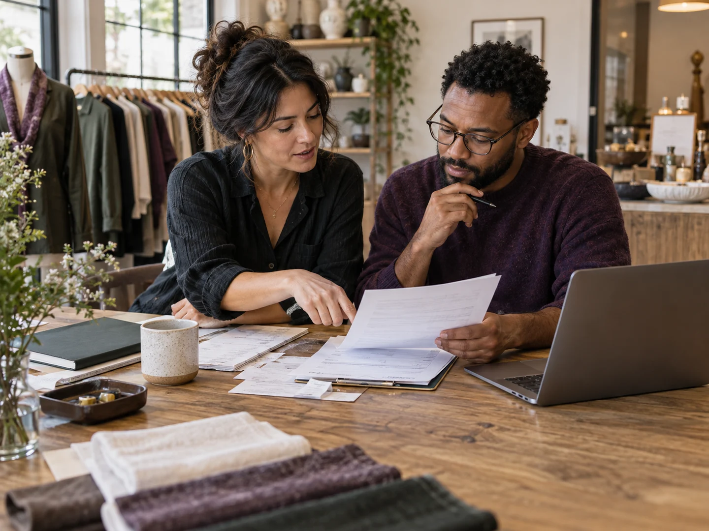 Small-business owner and bookkeeper reviewing invoice papers and a laptop