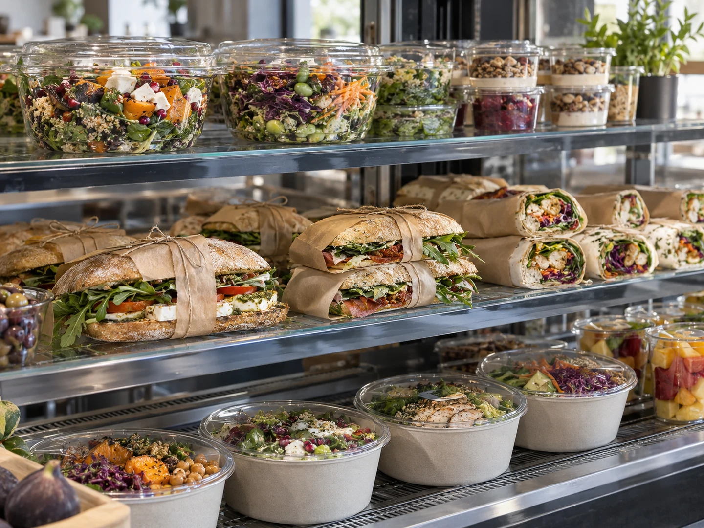 Fresh prepared meals arranged in a grocerant grab-and-go display