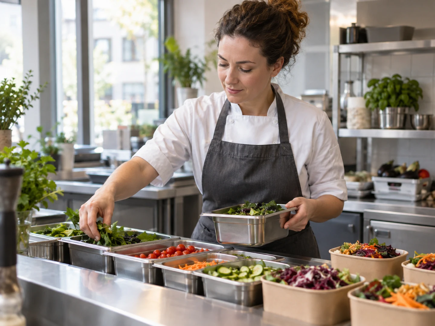 Grocerant preparation station with fresh ingredients ready for the next batch