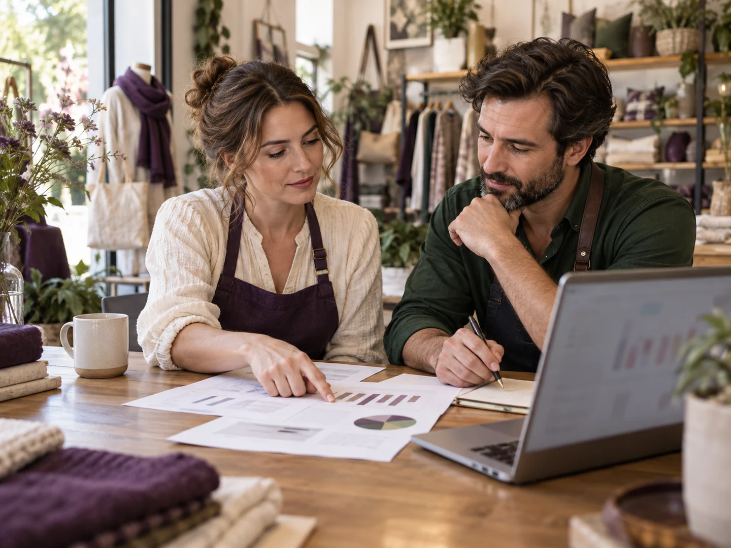 Retail business owners reviewing operational reports