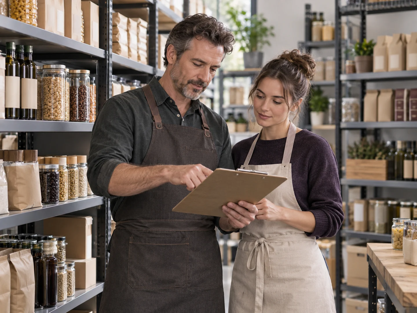 Retail manager and colleague reviewing stock records in an organised grocery stockroom