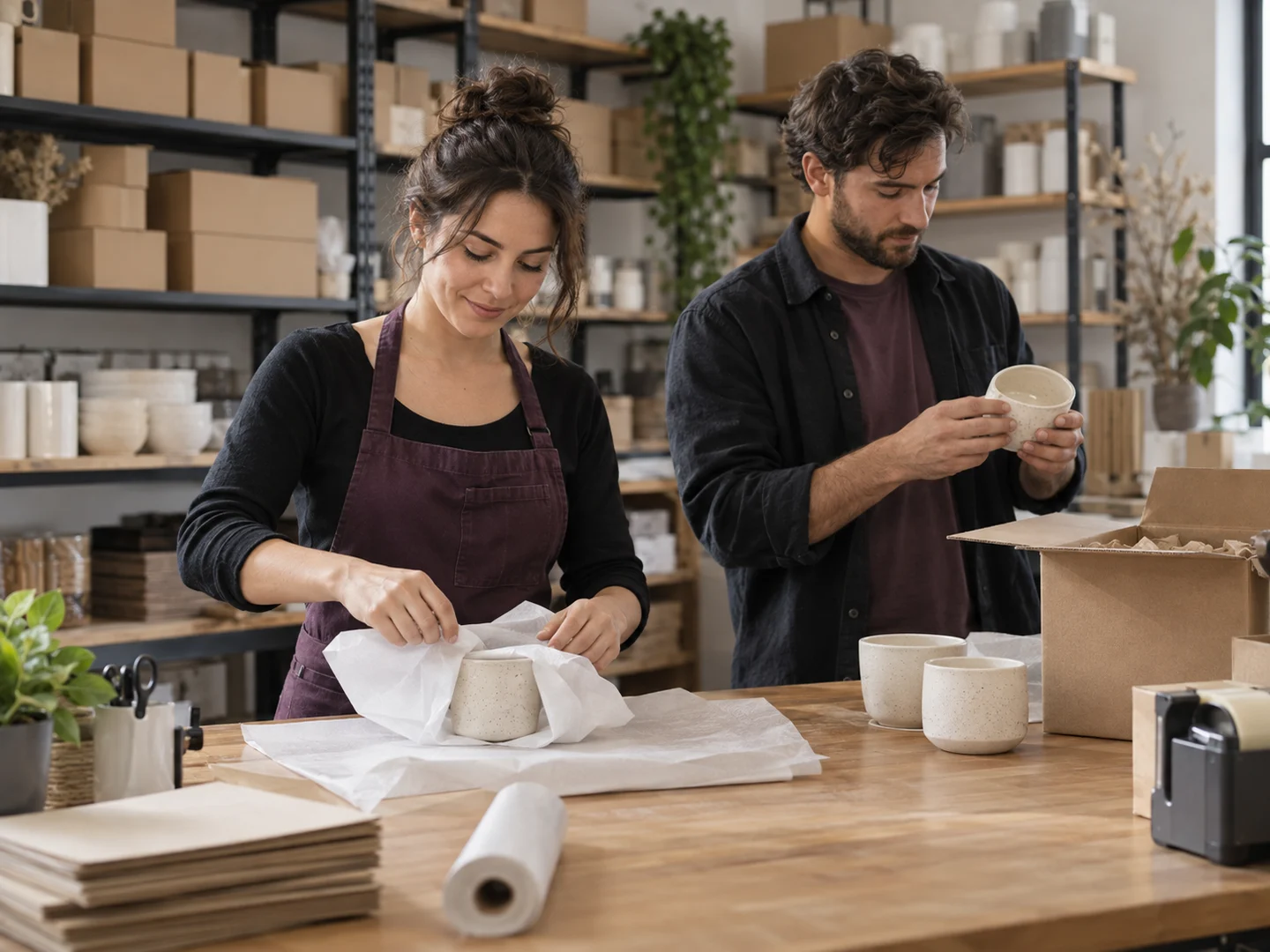 Retail colleagues preparing an online customer order at a fulfilment workbench