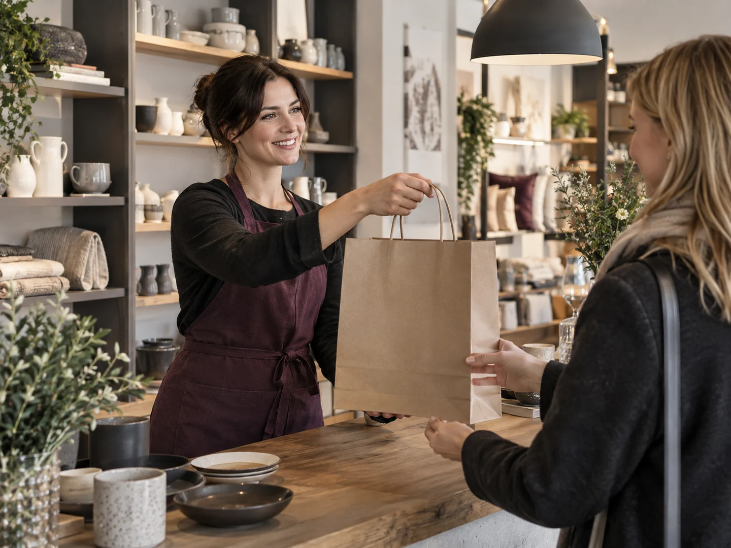 Customer collecting a prepared shopping bag at an independent retail counter