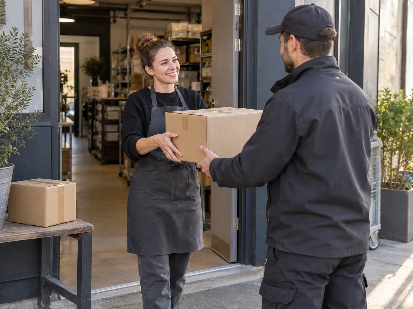 Retail team handing a prepared customer order to a courier
