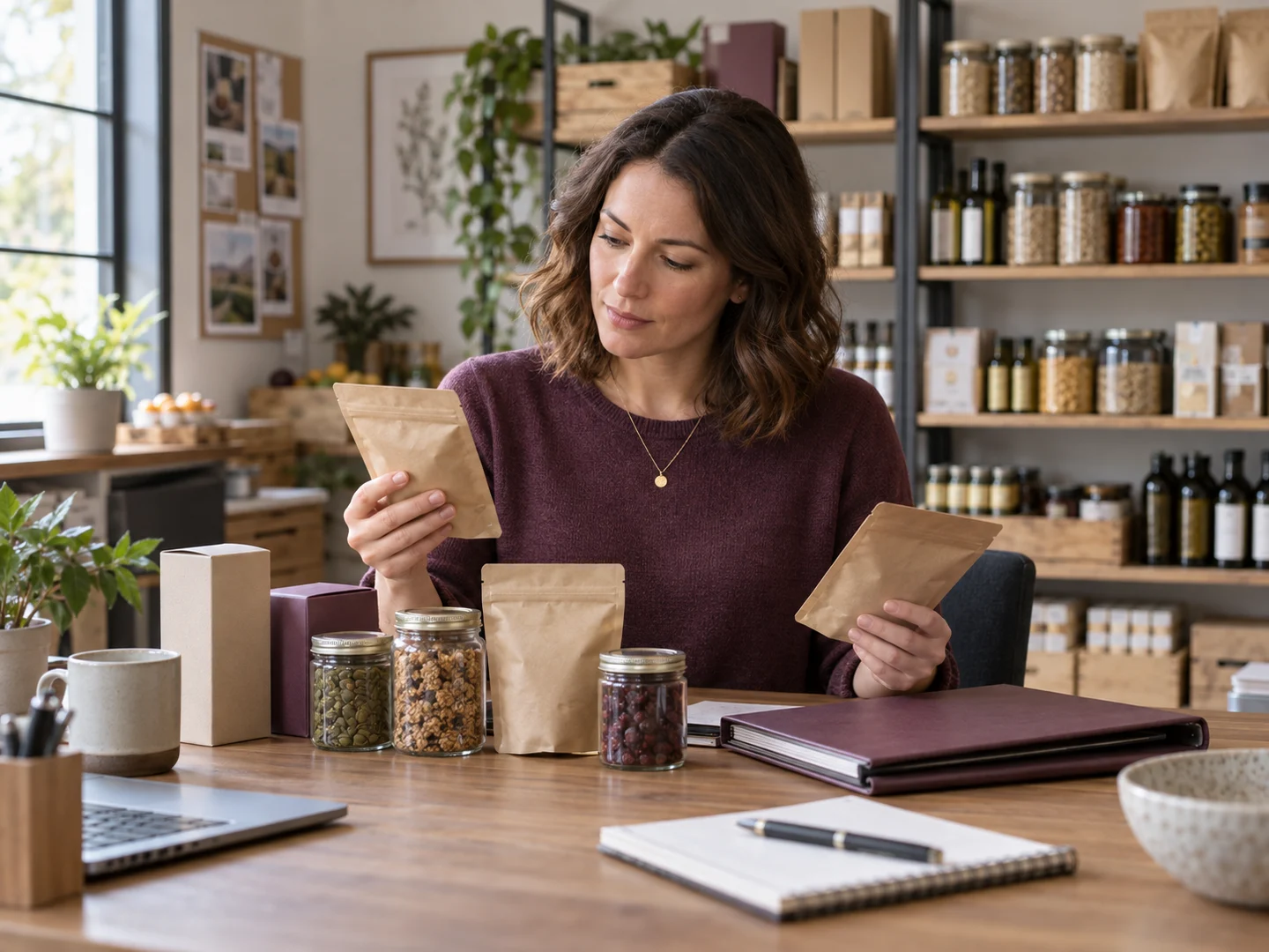 Store purchasing manager reviewing product samples and an order folder