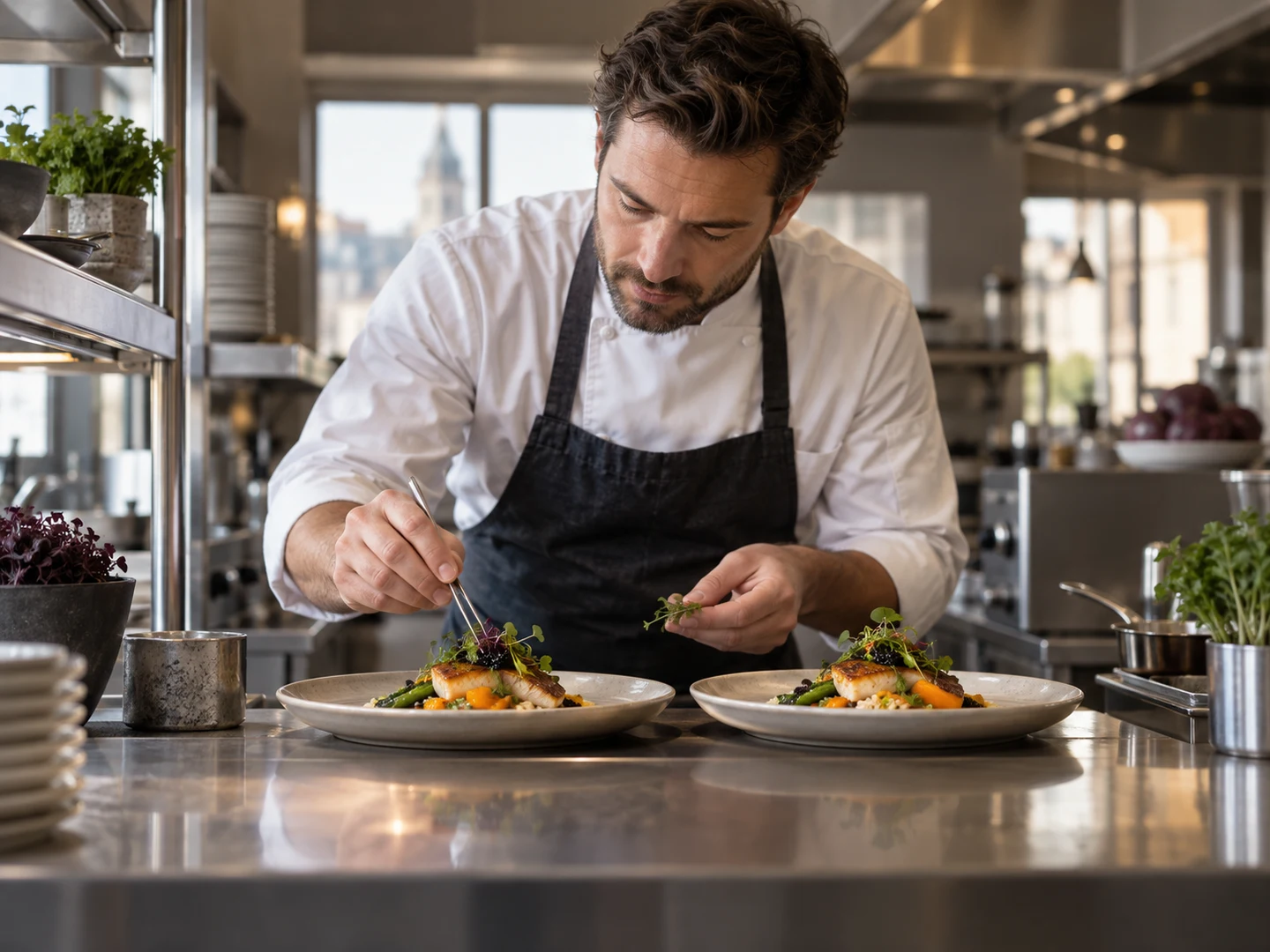 Restaurant kitchen preparing dishes for the next service handover
