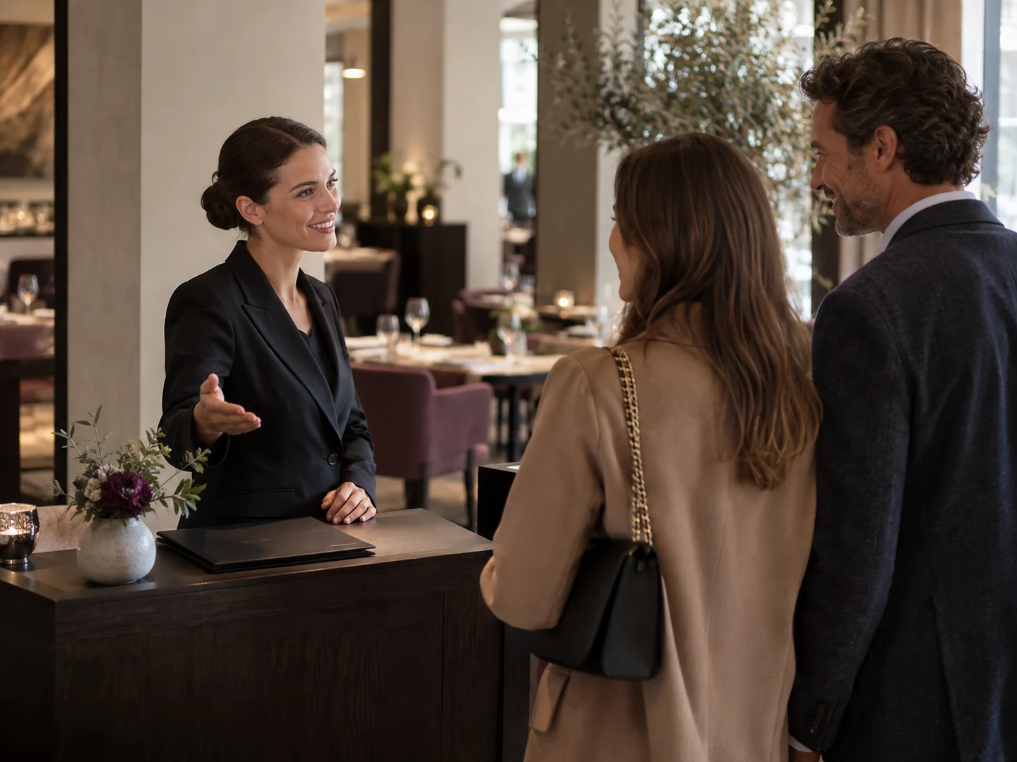 Restaurant host welcoming guests at the reservation desk
