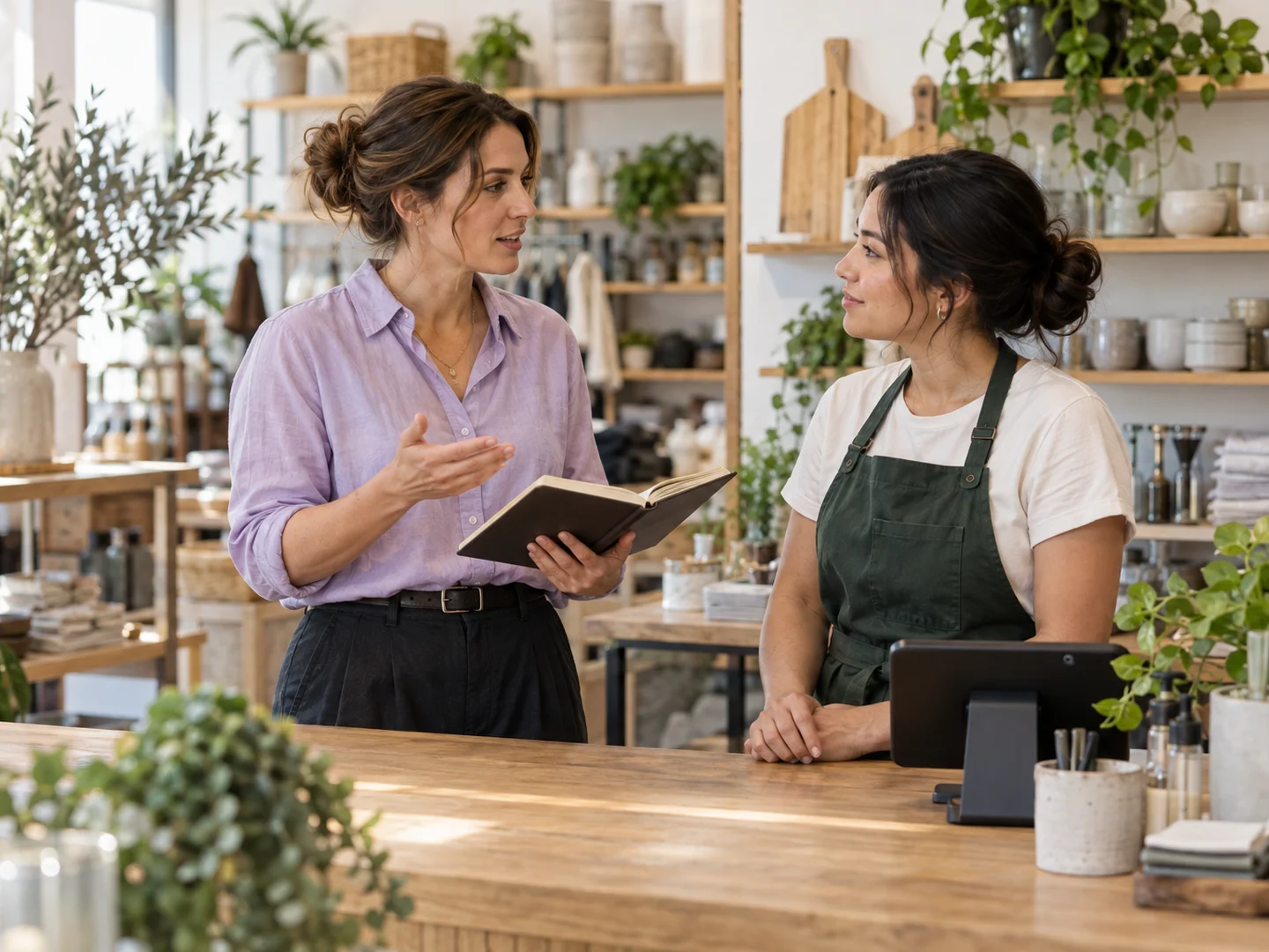 Shop colleagues discussing responsibilities during a natural counter handover