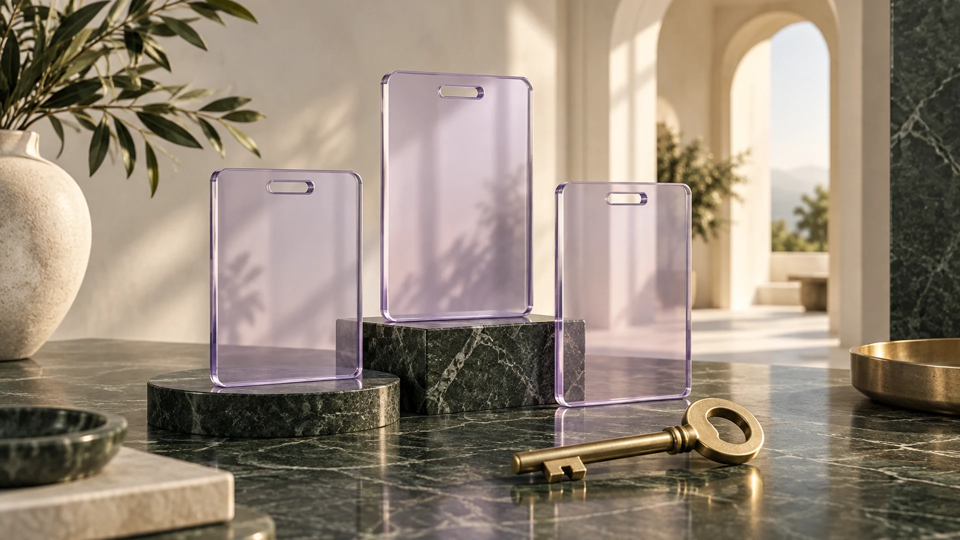 3D concept of individual access passes and a key beside a shared architectural doorway