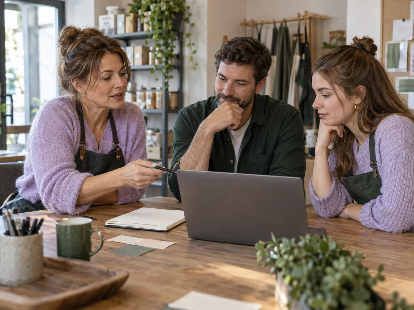 Three retail colleagues discussing everyday responsibilities in a small-business office