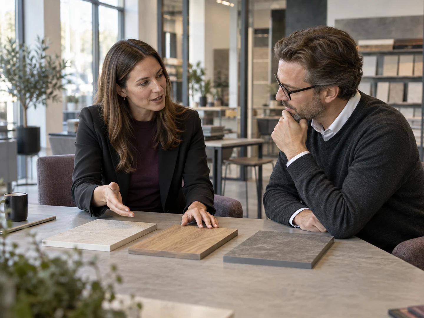 Business team reviewing products and customer requirements in a wholesale showroom